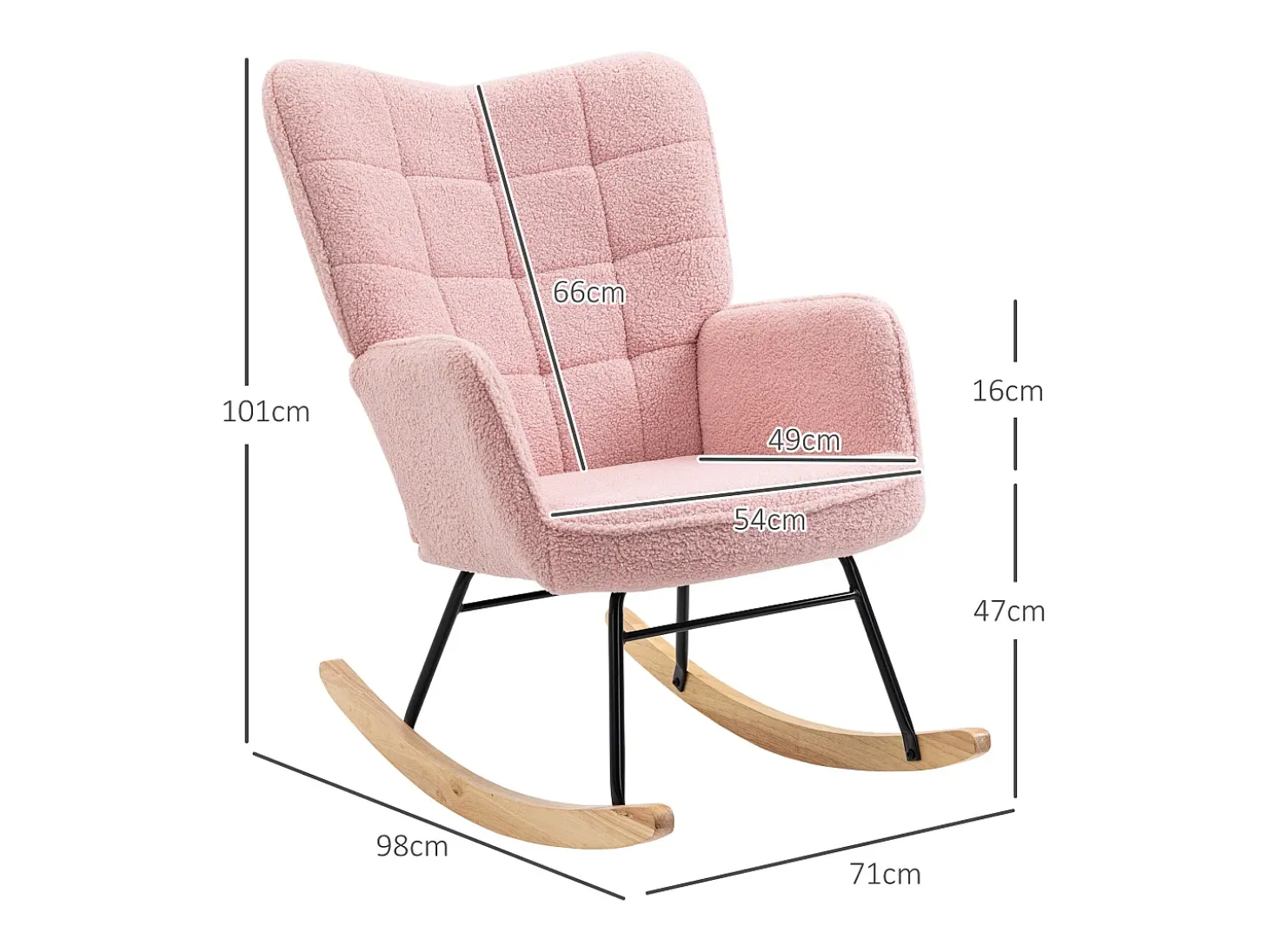 Mecedora con estructura de acero y madera imitación lana de cordero, color rosa (71x98x101cm)