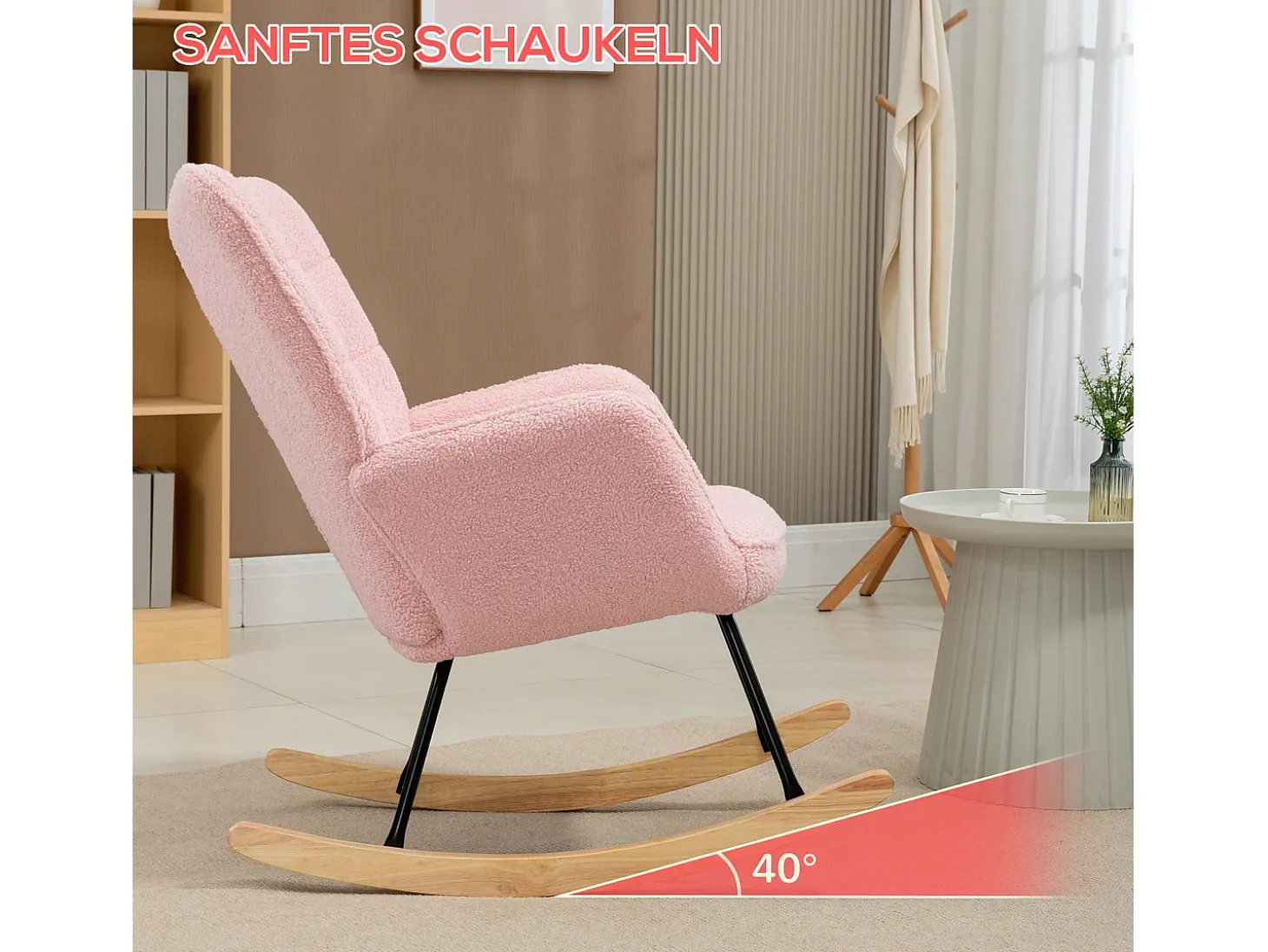 Mecedora con estructura de acero y madera imitación lana de cordero, color rosa (71x98x101cm)