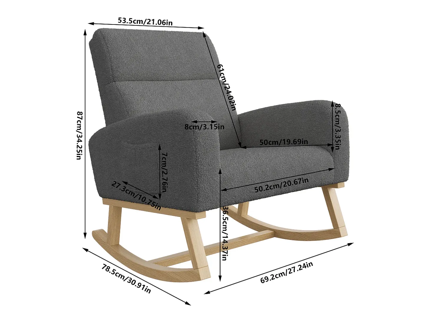 Mecedora con reposabrazos, respaldo reclinable y patas de madera maciza - Gris oscuro