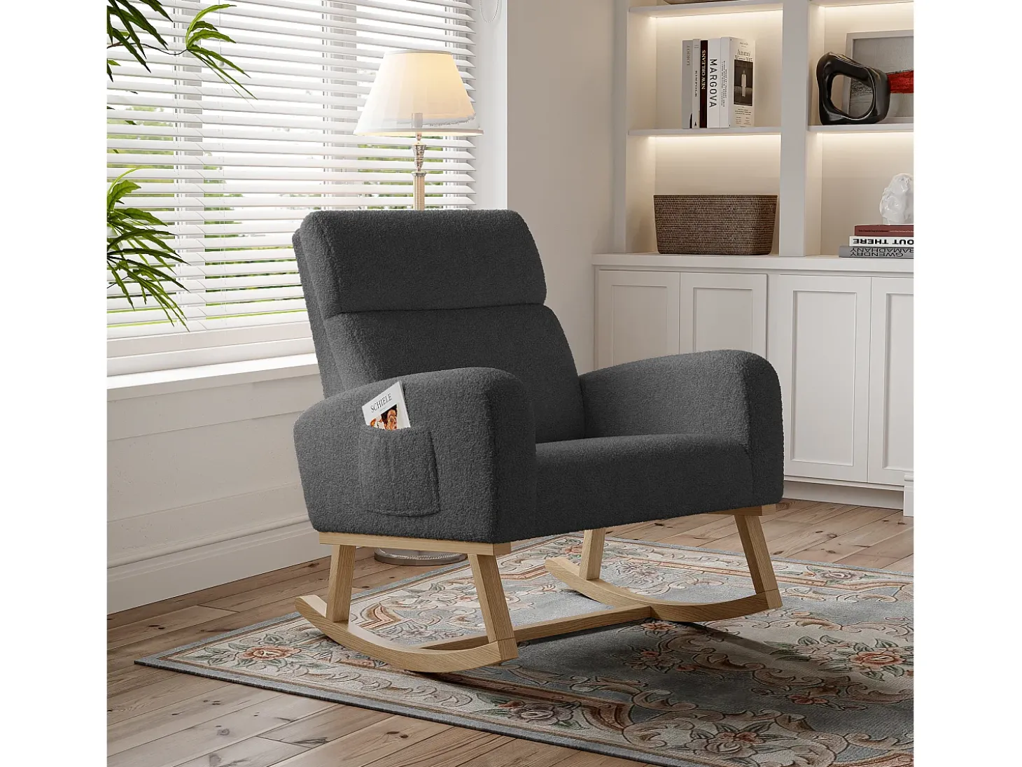 Mecedora con reposabrazos, respaldo reclinable y patas de madera maciza - Gris oscuro