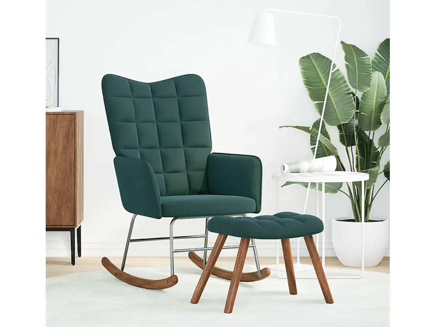 Mecedora con reposapiés de terciopelo verde oscuro