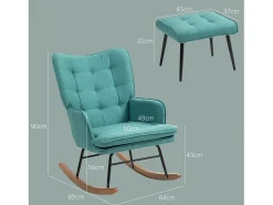 Mecedora con reposapiés, lino, verde oscuro, madera maciza y metal (64x89x90cm)
