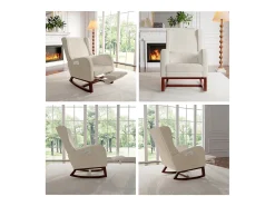 Mecedora con reposapiés, patas de madera maciza antideslizantes, mecedora, beige