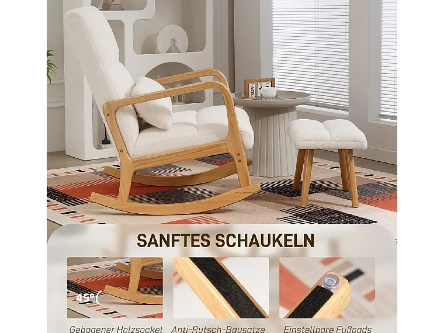 Mecedora con reposapiés, tapizada en suave terciopelo, madera y espuma de alta densidad, color blanco (82x64,5x99 cm)