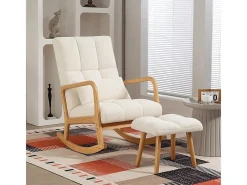 Mecedora con reposapiés, tapizada en suave terciopelo, madera y espuma de alta densidad, color blanco (82x64,5x99 cm)