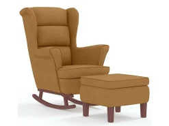Mecedora con respaldo alto de terciopelo marrón y madera maciza