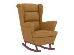 Mecedora con respaldo alto de terciopelo marrón y madera maciza