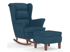 Mecedora con respaldo alto de terciopelo azul y madera maciza
