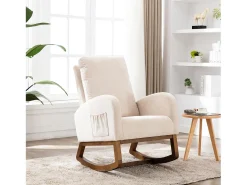 Mecedora de estilo Mid-Century, diseño moderno, tela de lino, beige, respaldo alto acolchado (94 x 69 x 101 cm)