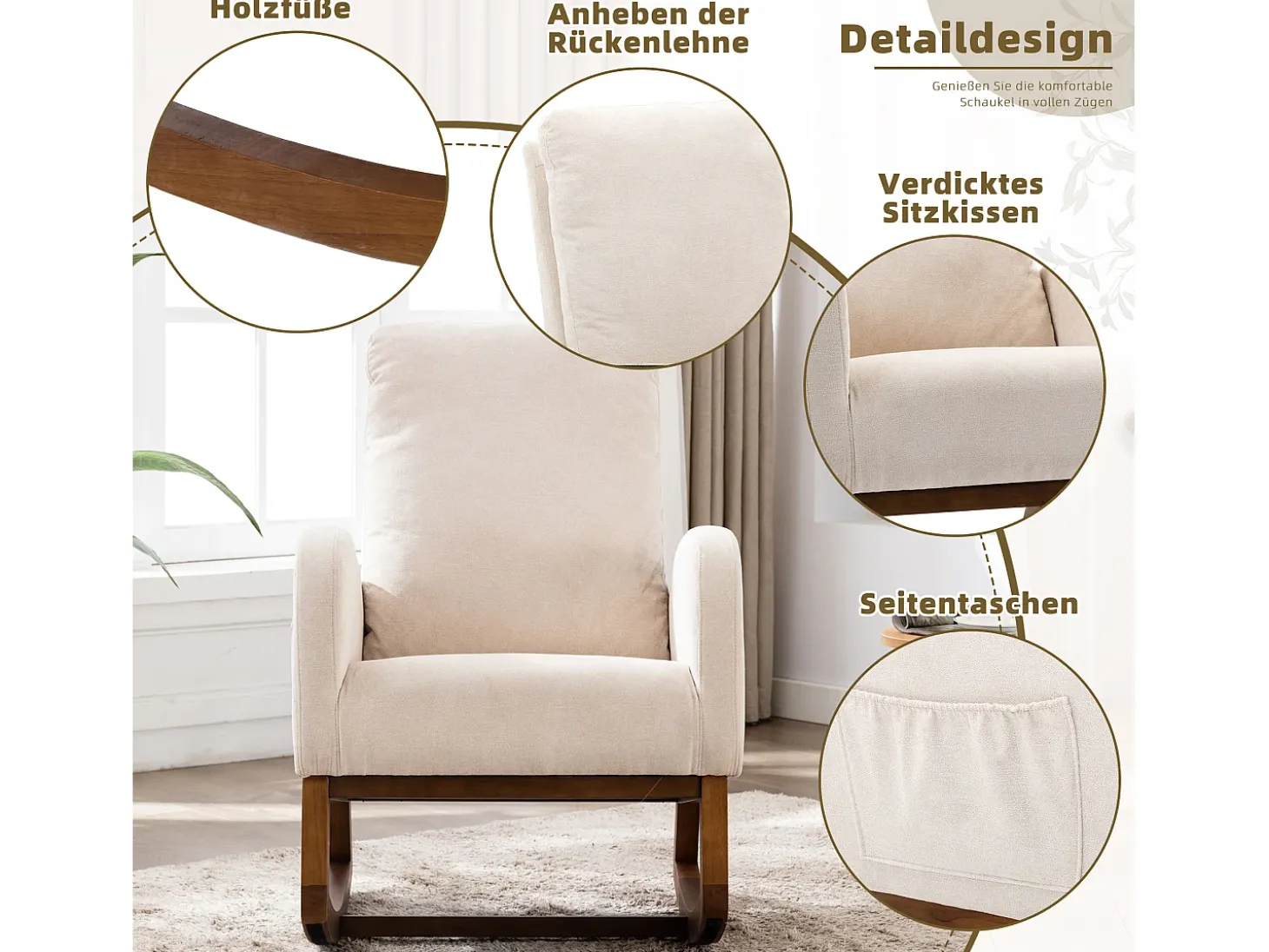 Mecedora de estilo Mid-Century, diseño moderno, tela de lino, beige, respaldo alto acolchado (94 x 69 x 101 cm)