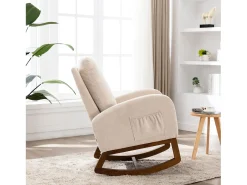 Mecedora de estilo Mid-Century, diseño moderno, tela de lino, beige, respaldo alto acolchado (94 x 69 x 101 cm)