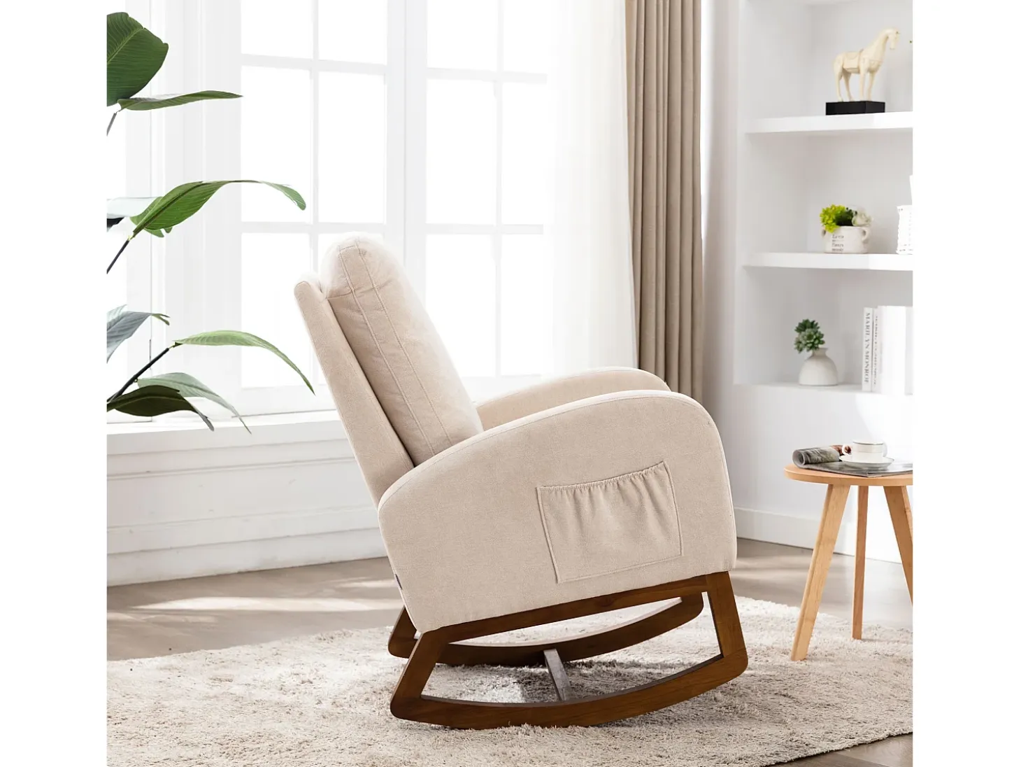 Mecedora de estilo Mid-Century, diseño moderno, tela de lino, beige, respaldo alto acolchado (94 x 69 x 101 cm)