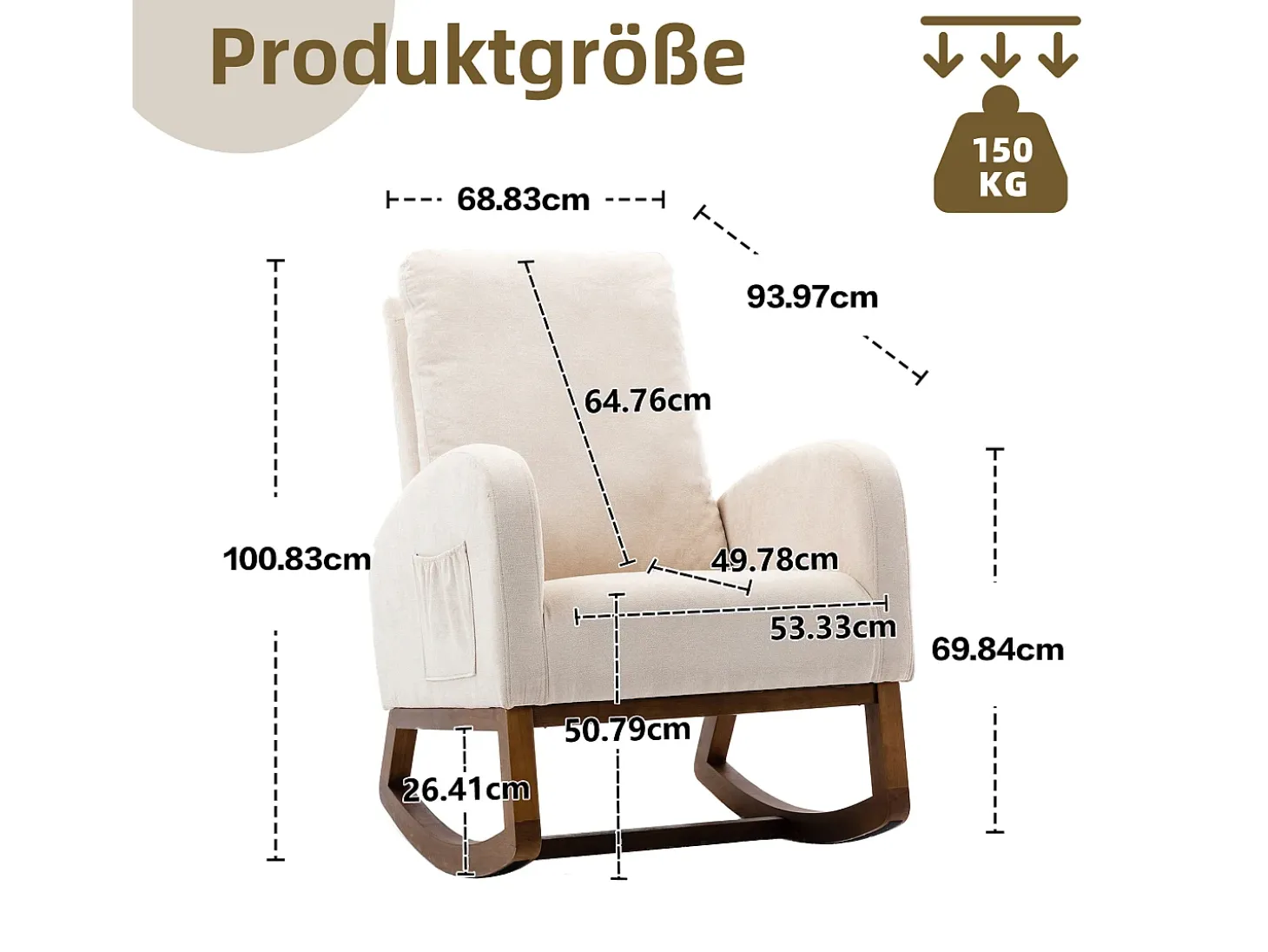 Mecedora de estilo Mid-Century, diseño moderno, tela de lino, beige, respaldo alto acolchado (94 x 69 x 101 cm)