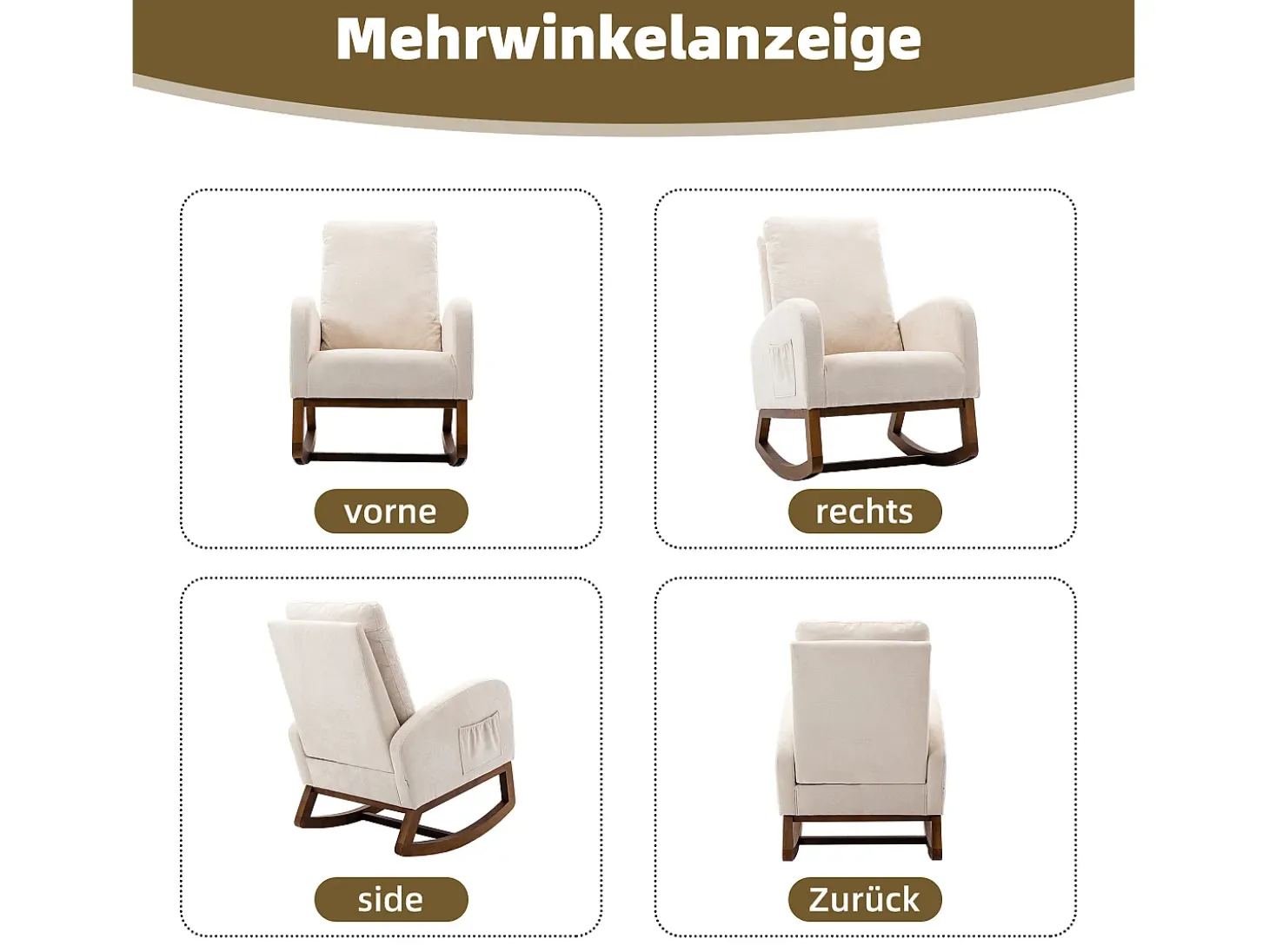 Mecedora de estilo Mid-Century, diseño moderno, tela de lino, beige, respaldo alto acolchado (94 x 69 x 101 cm)