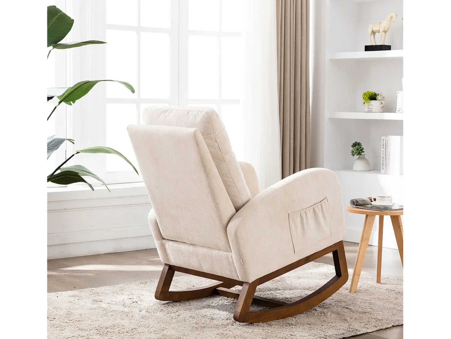 Mecedora de estilo Mid-Century, diseño moderno, tela de lino, beige, respaldo alto acolchado (94 x 69 x 101 cm)
