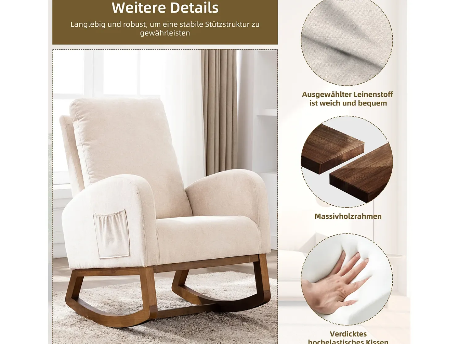 Mecedora de estilo Mid-Century, diseño moderno, tela de lino, beige, respaldo alto acolchado (94 x 69 x 101 cm)