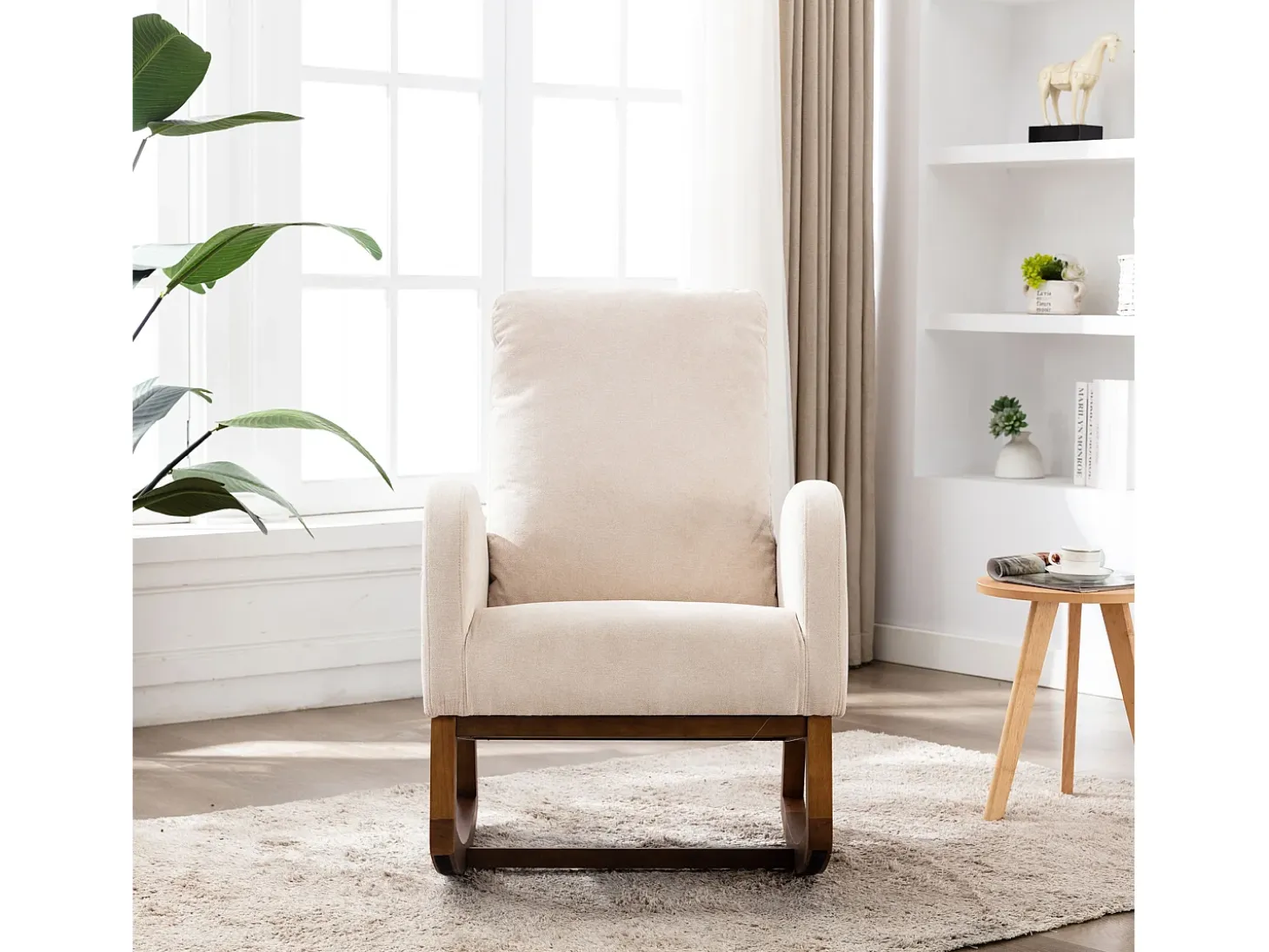 Mecedora de estilo Mid-Century, diseño moderno, tela de lino, beige, respaldo alto acolchado (94 x 69 x 101 cm)