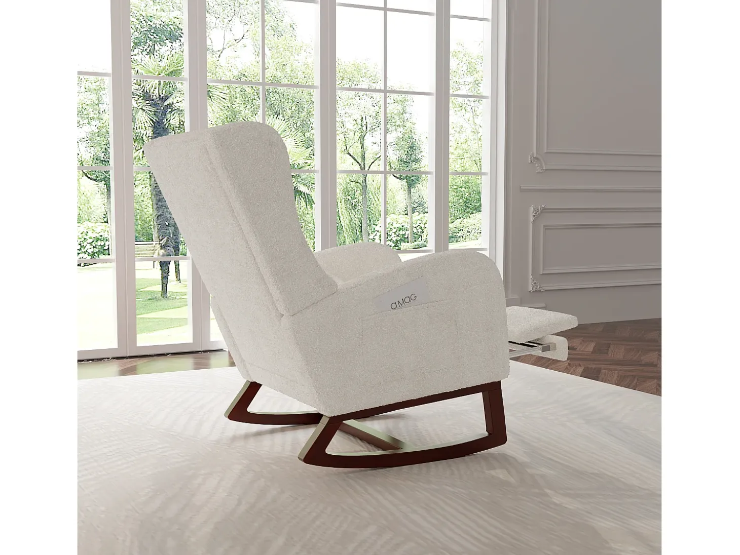 Mecedora de madera maciza con reposapiernas retráctil y respaldo alto - Mecedora para salón y dormitorio - Hasta 150 kg - Beige