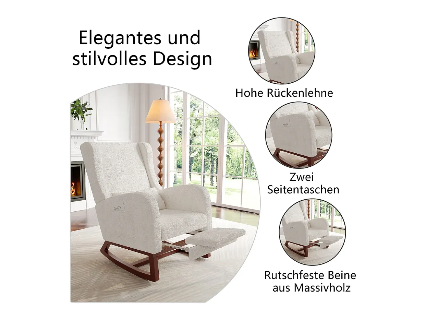 Mecedora de madera maciza con reposapiernas retráctil y respaldo alto - Mecedora para salón y dormitorio - Hasta 150 kg - Beige