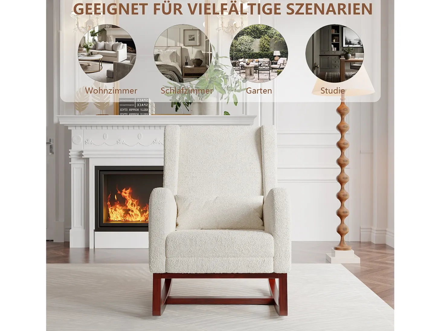 Mecedora de madera maciza con reposapiernas retráctil y respaldo alto - Mecedora para salón y dormitorio - Hasta 150 kg - Beige