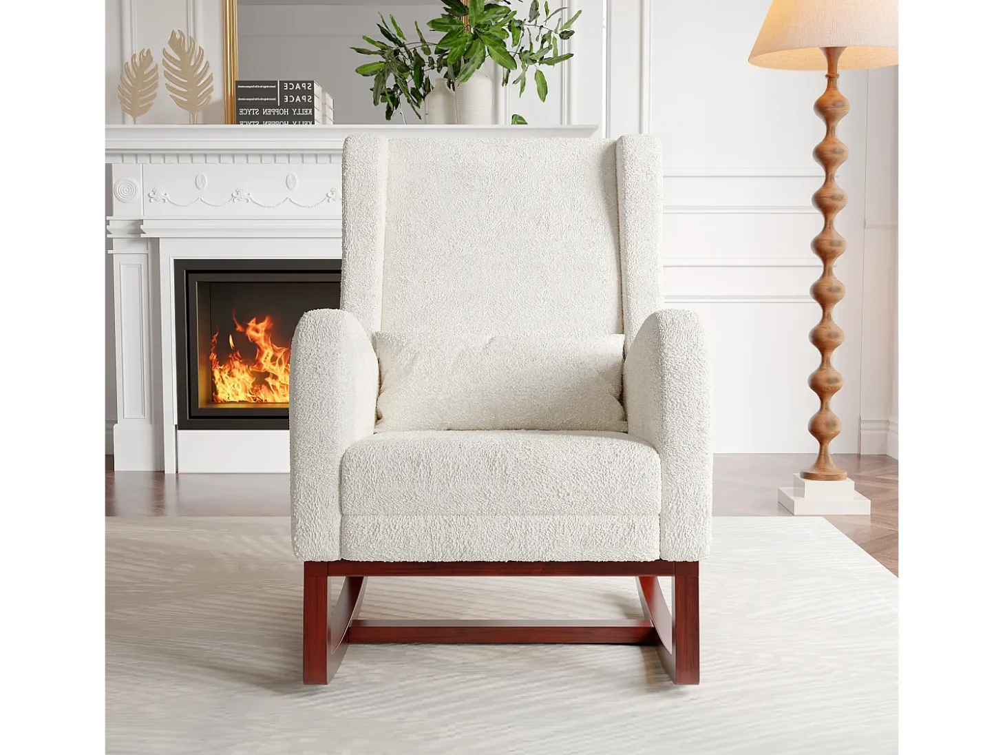 Mecedora de madera maciza con reposapiernas retráctil y respaldo alto - Mecedora para salón y dormitorio - Hasta 150 kg - Beige