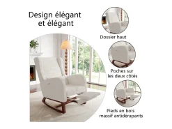 Mecedora de madera maciza con reposapiernas retráctil y respaldo alto - Mecedora para salón y dormitorio - Hasta 150 kg - Beige