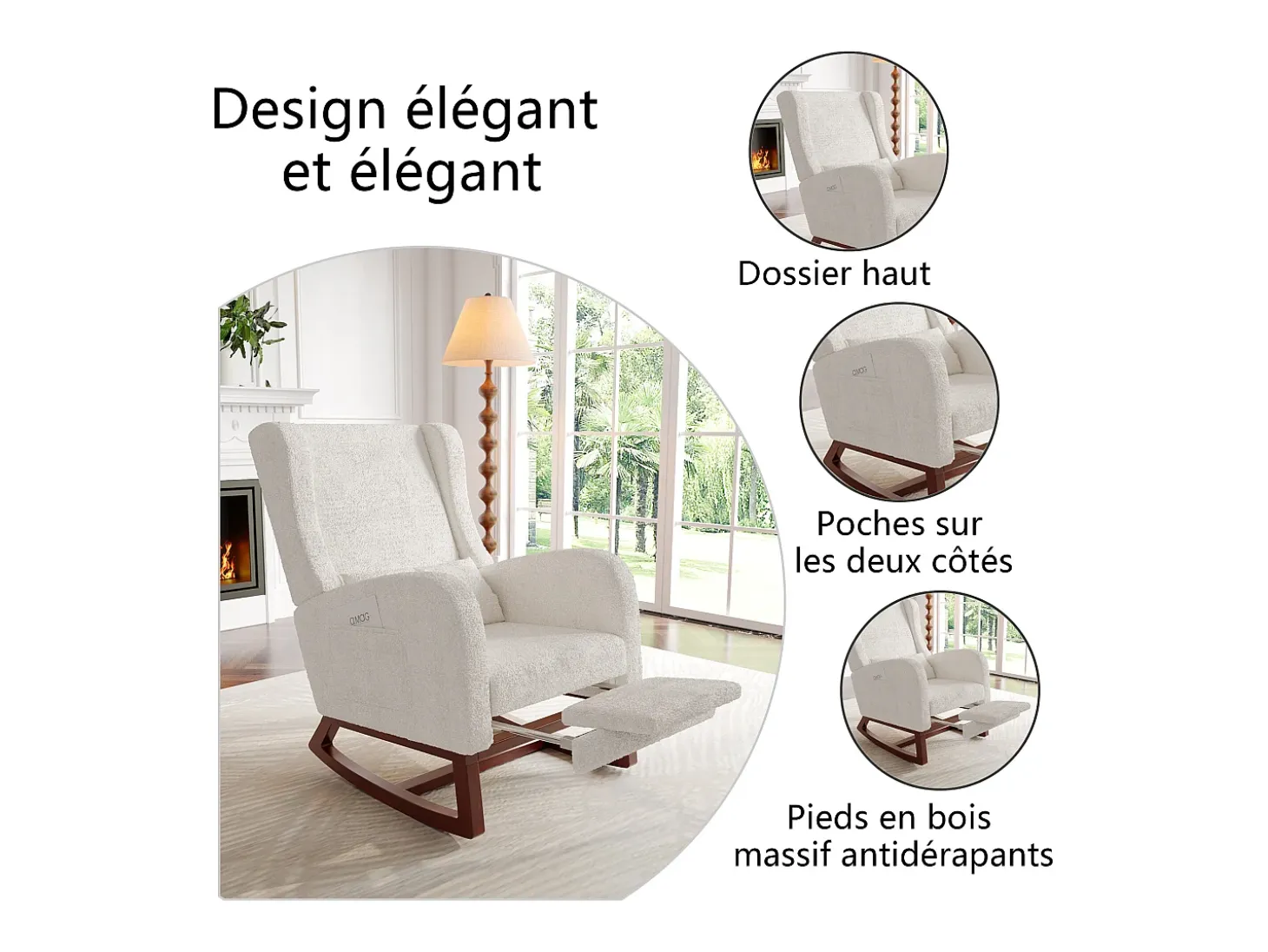 Mecedora de madera maciza con reposapiernas retráctil y respaldo alto - Mecedora para salón y dormitorio - Hasta 150 kg - Beige