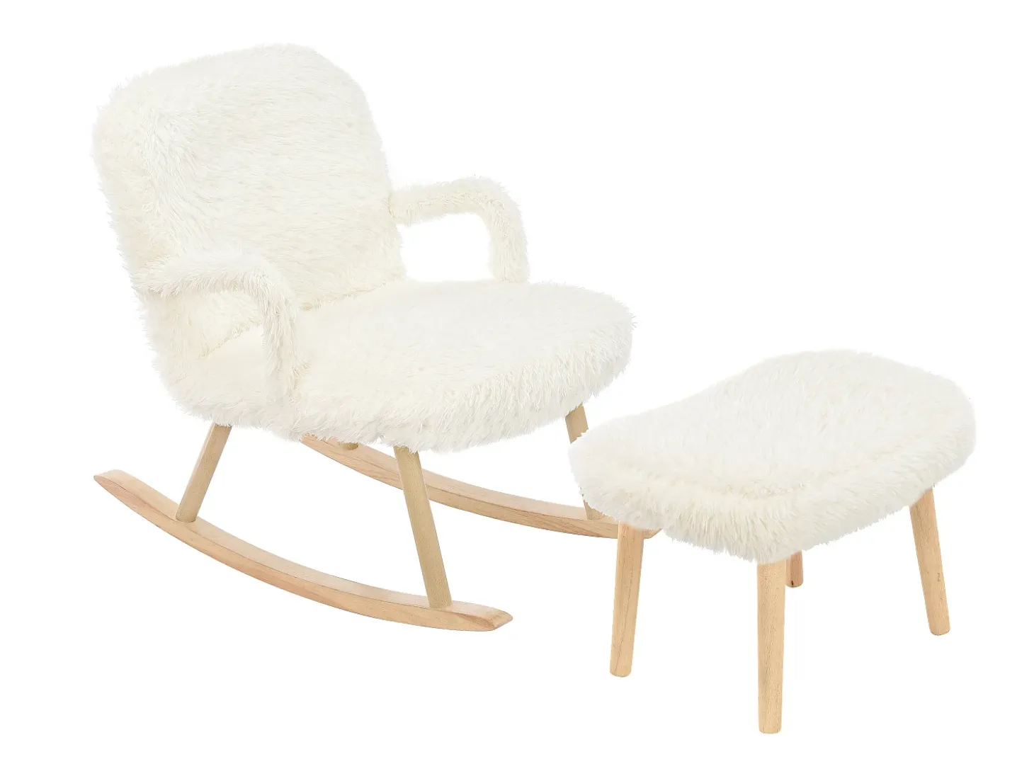 Mecedora de peluche - Cómoda mecedora con reposapiés y patas de madera maciza - 65 x 96,5 x 85 cm - Blanco