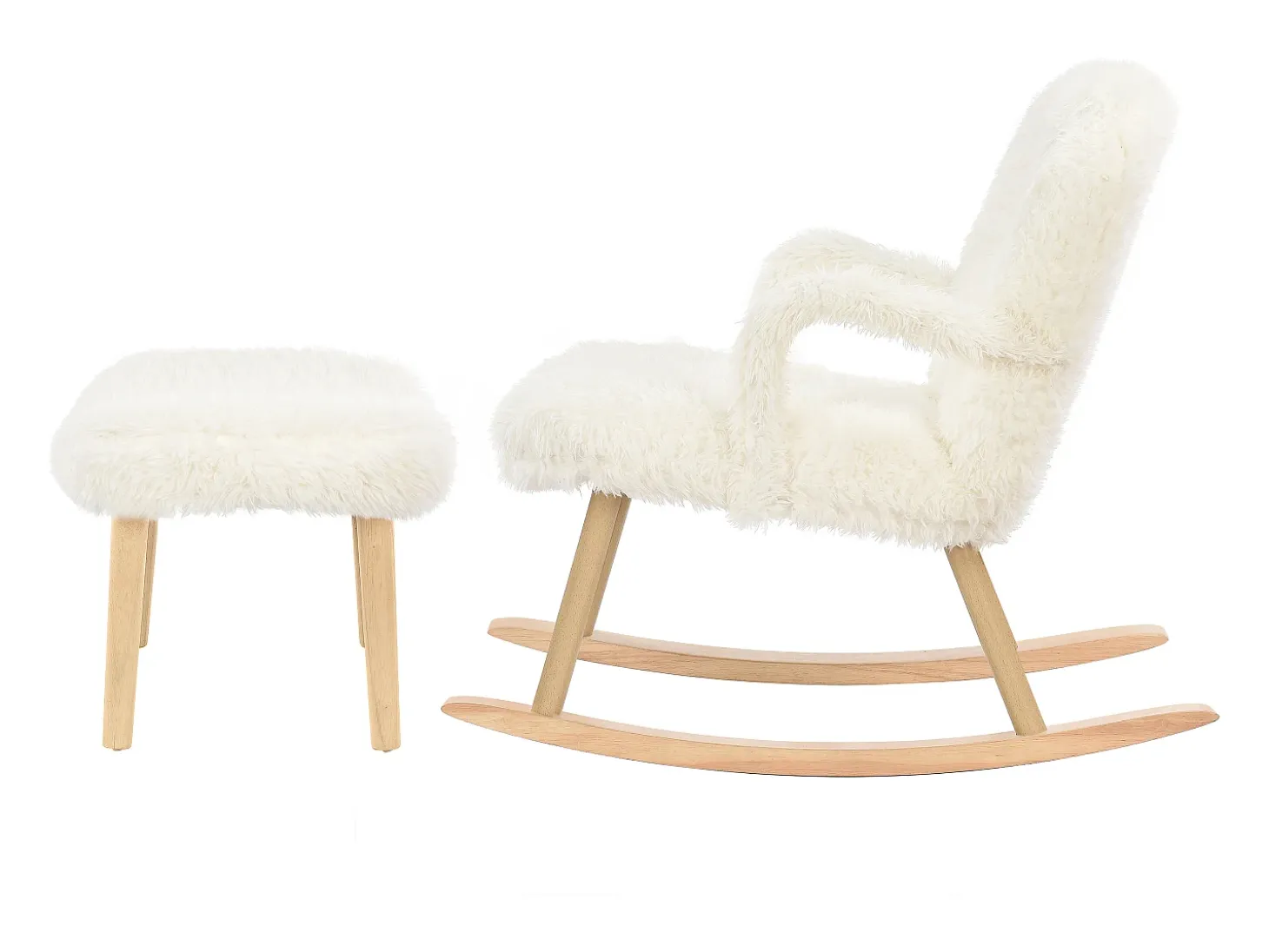 Mecedora de peluche - Cómoda mecedora con reposapiés y patas de madera maciza - 65 x 96,5 x 85 cm - Blanco