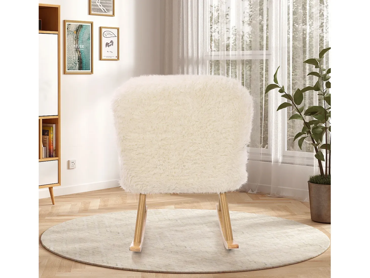 Mecedora de peluche - Cómoda mecedora con reposapiés y patas de madera maciza - 65 x 96,5 x 85 cm - Blanco
