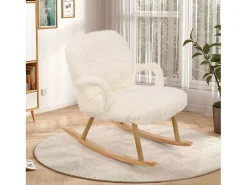 Mecedora de peluche - Cómoda mecedora con reposapiés y patas de madera maciza - 65 x 96,5 x 85 cm - Blanco