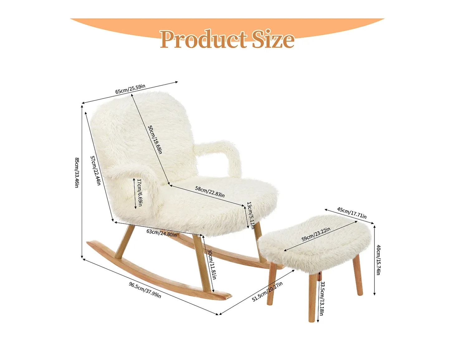Mecedora de peluche - Cómoda mecedora con reposapiés y patas de madera maciza - 65 x 96,5 x 85 cm - Blanco
