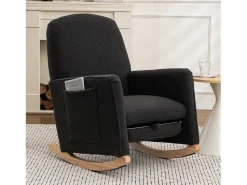 Mecedora de salón, felpa gris oscuro, Mecedora con reposapiés retráctil y estructura de madera
