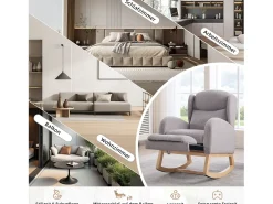 Mecedora de tela Teddy, diseño ergonómico con reposapiés ajustable, estructura de madera, gris (122,5 x 70 x 104 cm)