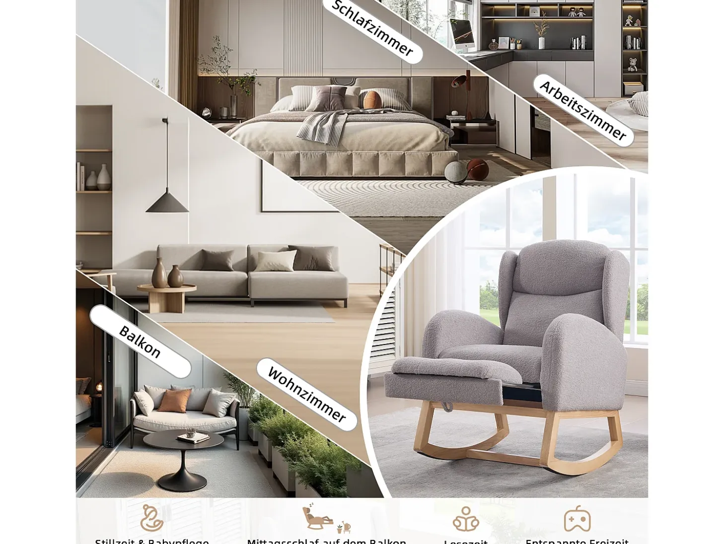 Mecedora de tela Teddy, diseño ergonómico con reposapiés ajustable, estructura de madera, gris (122,5 x 70 x 104 cm)