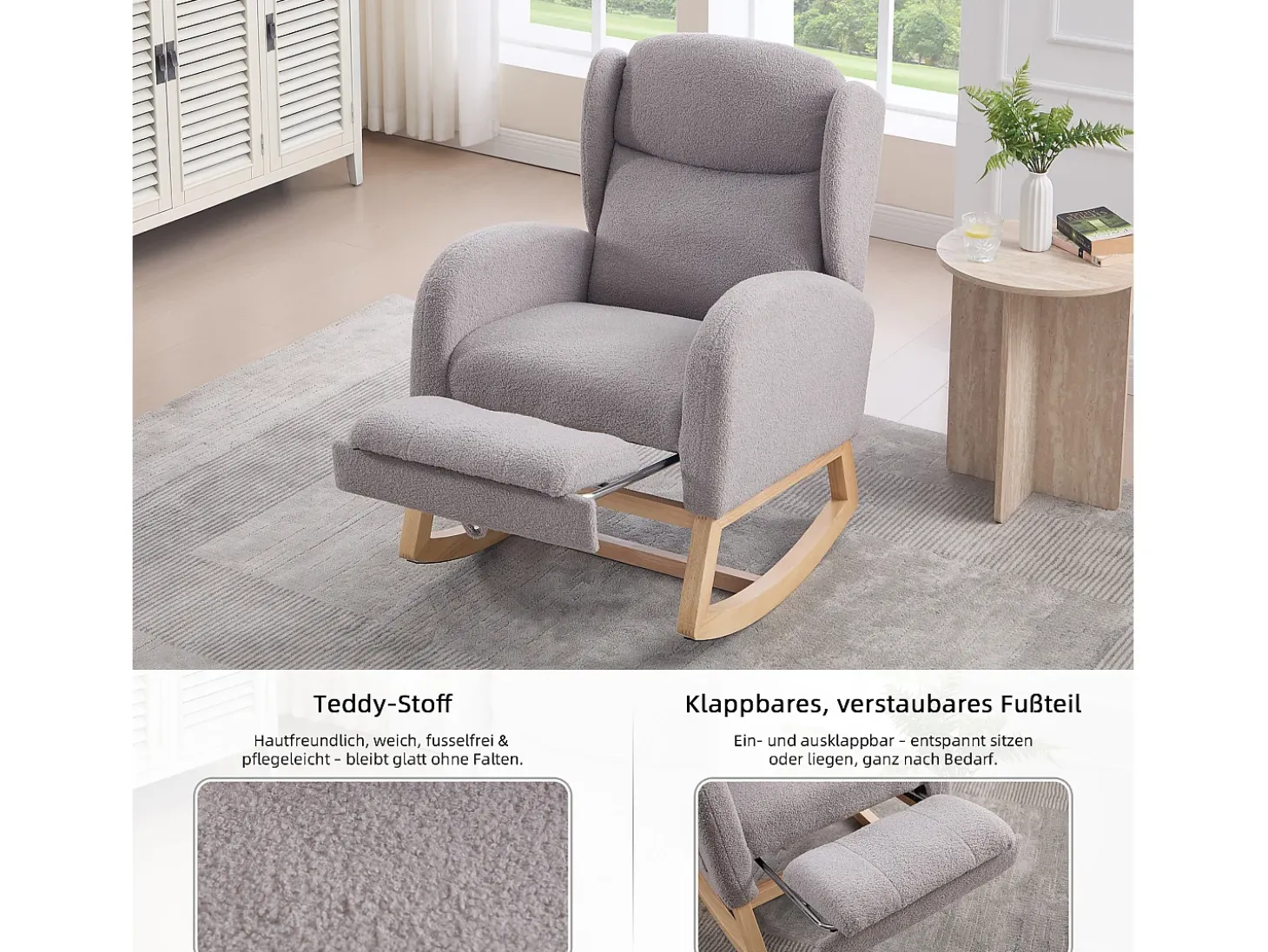 Mecedora de tela Teddy, diseño ergonómico con reposapiés ajustable, estructura de madera, gris (122,5 x 70 x 104 cm)