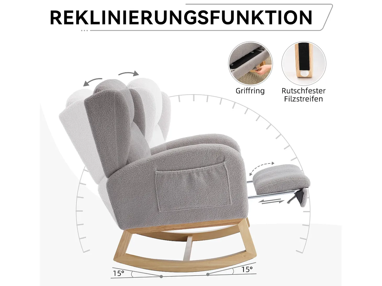 Mecedora de tela Teddy, diseño ergonómico con reposapiés ajustable, estructura de madera, gris (122,5 x 70 x 104 cm)