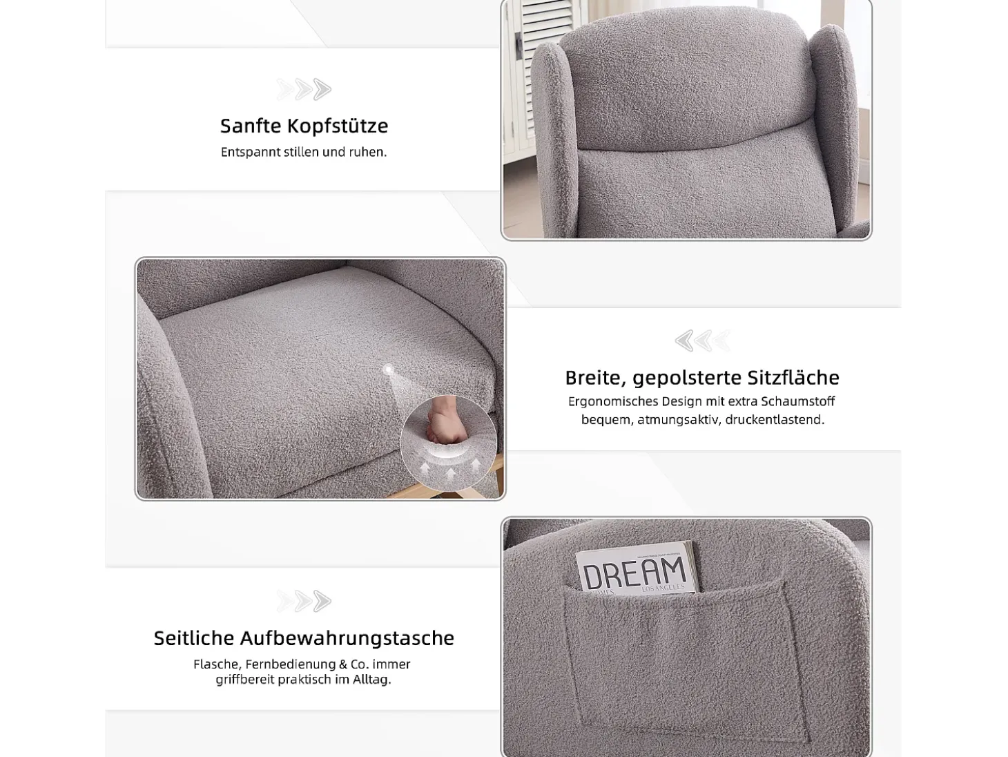 Mecedora de tela Teddy, diseño ergonómico con reposapiés ajustable, estructura de madera, gris (122,5 x 70 x 104 cm)