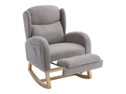 Mecedora de tela Teddy, diseño ergonómico con reposapiés ajustable, estructura de madera, gris (122,5 x 70 x 104 cm)