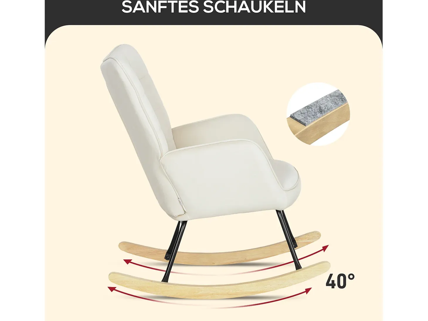 Mecedora de terciopelo beige con reposabrazos, base de madera, estructura negra