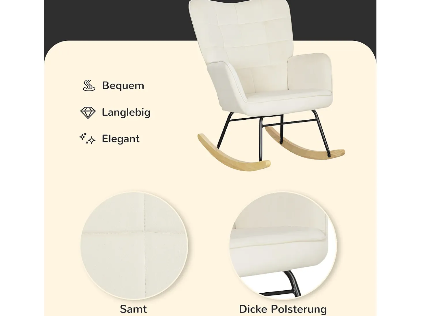 Mecedora de terciopelo beige con reposabrazos, base de madera, estructura negra