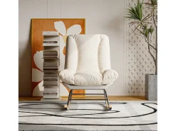 Mecedora ergonómica con cojín beige y estructura gris, tapizada en tela de lino y piel sintética.
