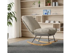 Mecedora ergonómica con cojín beige y estructura gris, tapizada en tela de lino y piel sintética.