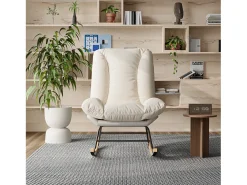 Mecedora ergonómica con cojín beige y estructura gris, tapizada en tela de lino y piel sintética.