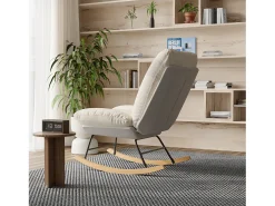 Mecedora ergonómica con cojín beige y estructura gris, tapizada en tela de lino y piel sintética.