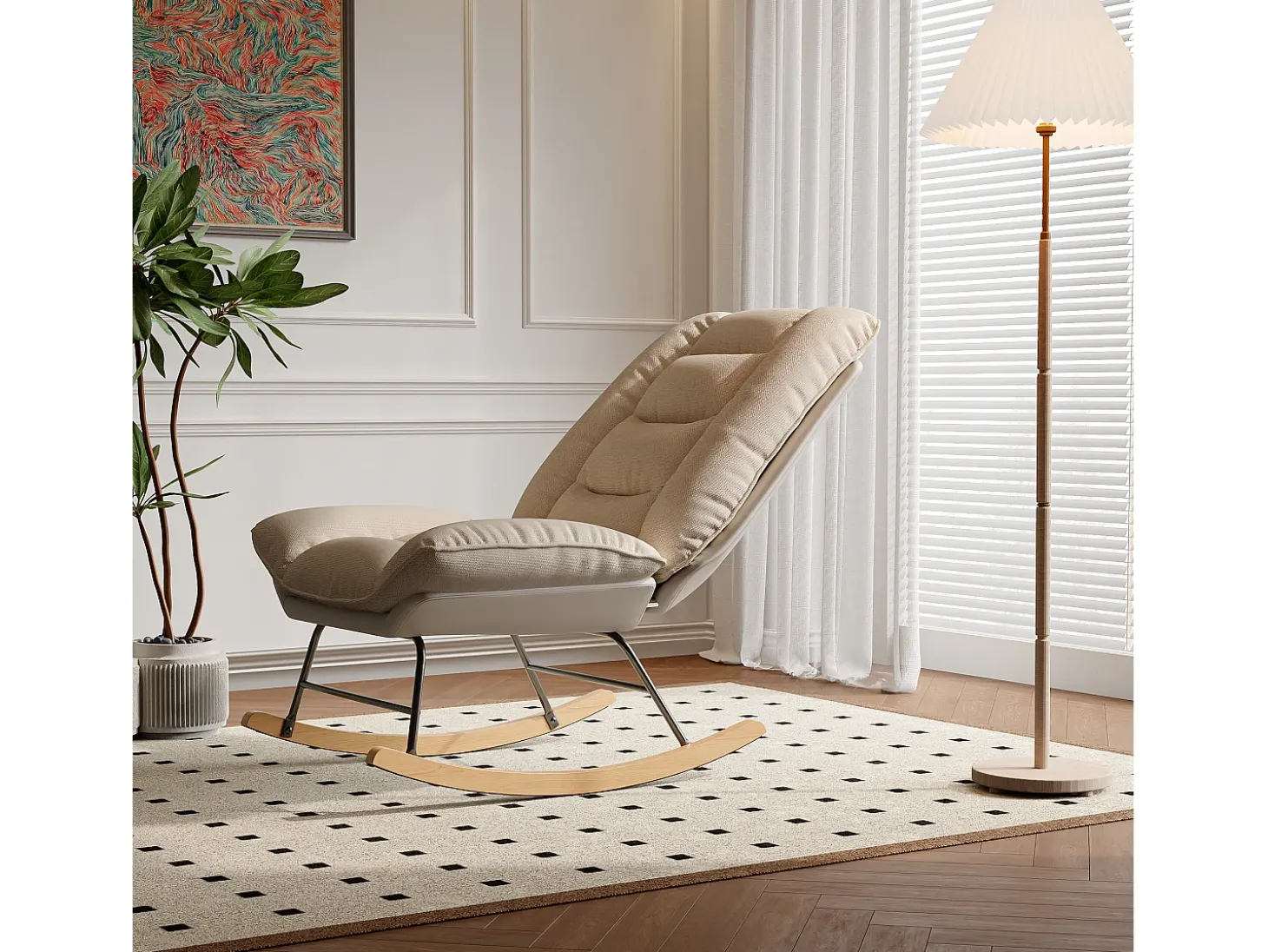 Mecedora ergonómica con cojín beige y estructura gris, diseño moderno en tela/piel sintética.