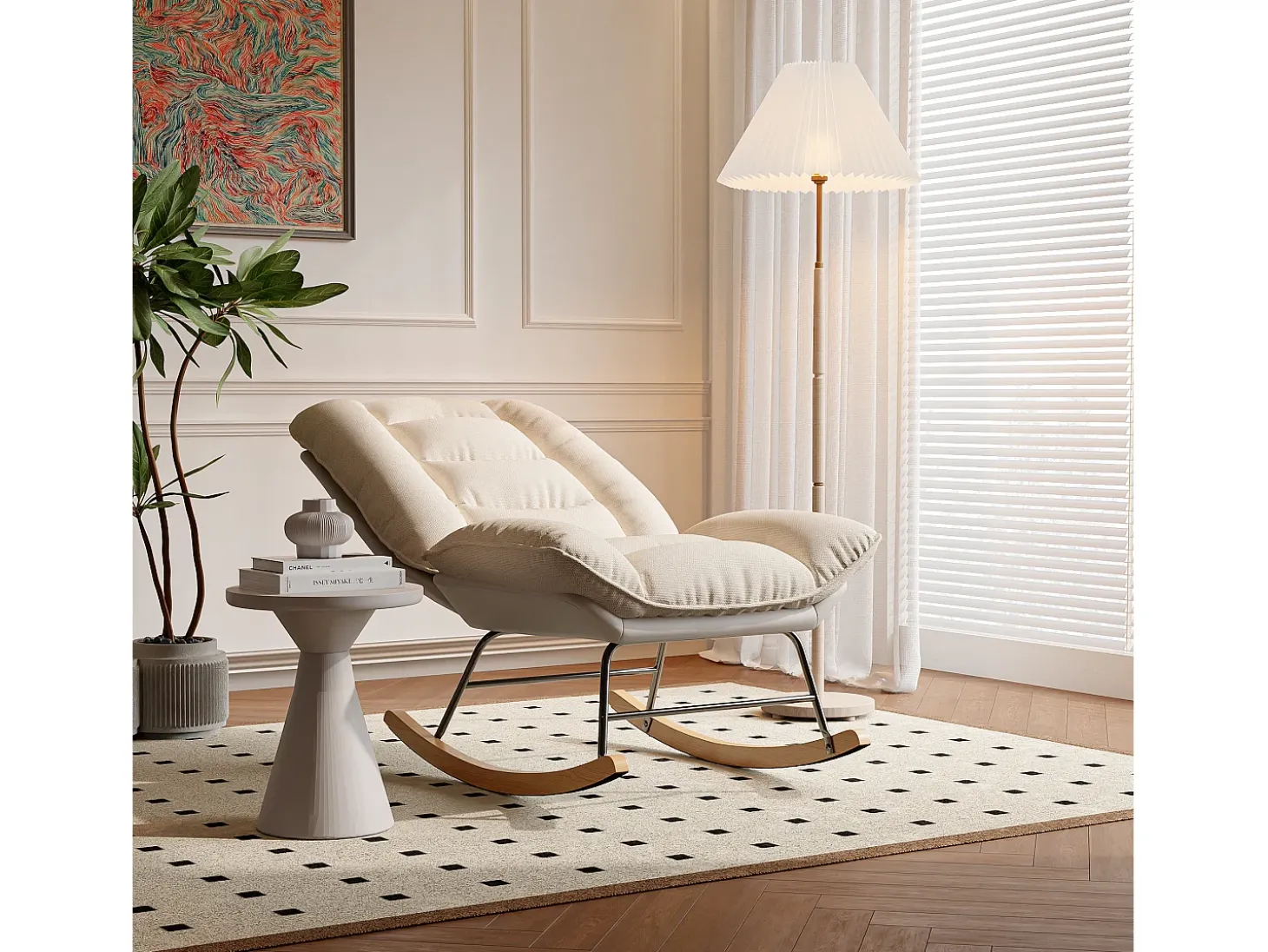 Mecedora ergonómica con cojín beige y estructura gris, diseño moderno en tela/piel sintética.