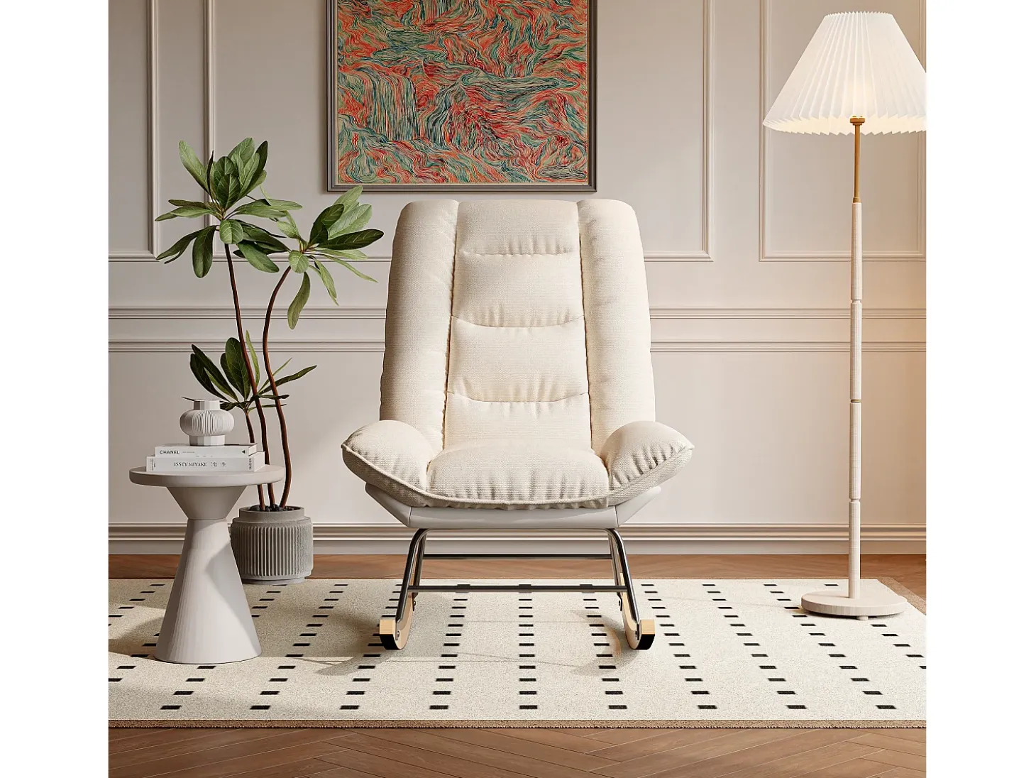Mecedora ergonómica con cojín beige y estructura gris, diseño moderno en tela/piel sintética.