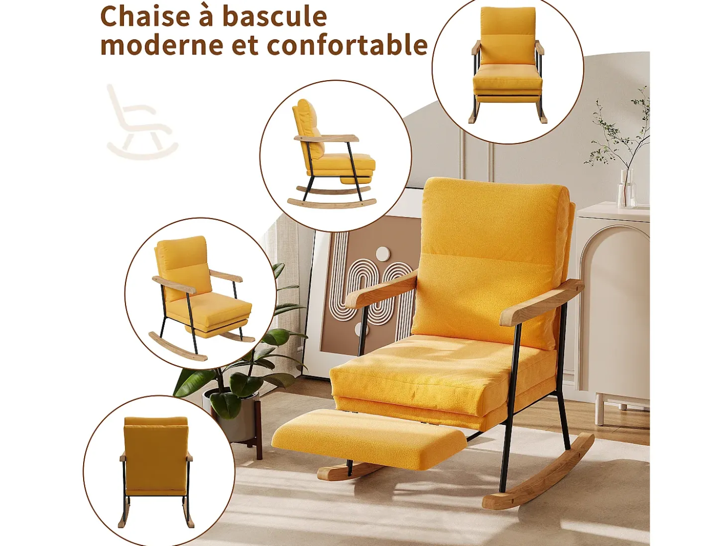 Mecedora ergonómica con reposapiés extensible, reclinable, en tejido de mezcla de algodón y lino, color amarillo