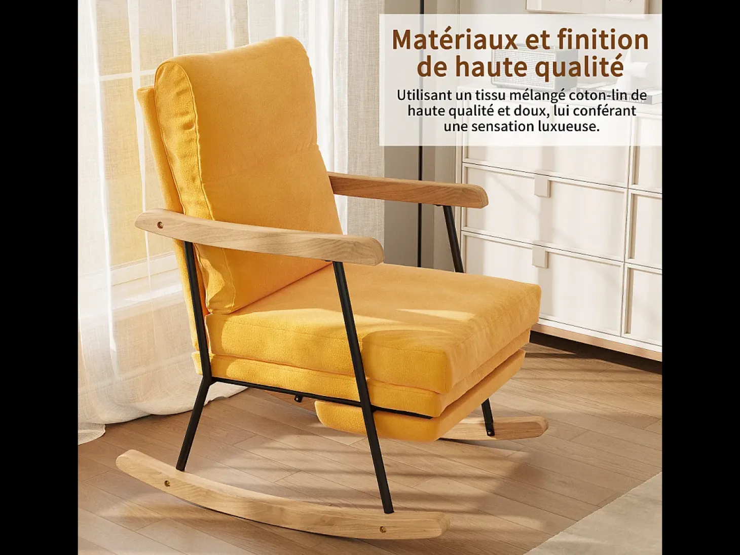 Mecedora ergonómica con reposapiés extensible, reclinable, en tejido de mezcla de algodón y lino, color amarillo
